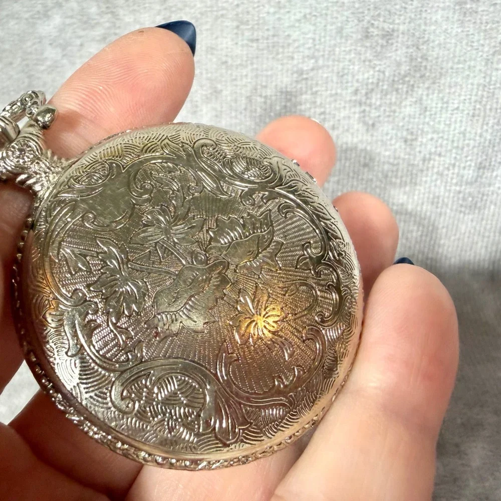 Vtg Pocket Watch Quartz Silver Tone Hunter Case Ornate Floral Japan Movt WORKING